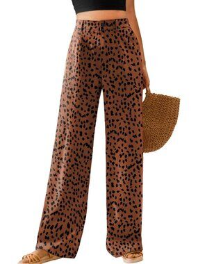 Women's Leopard-coffee High Waisted Button Down Straight Casual Wide Leg Pants